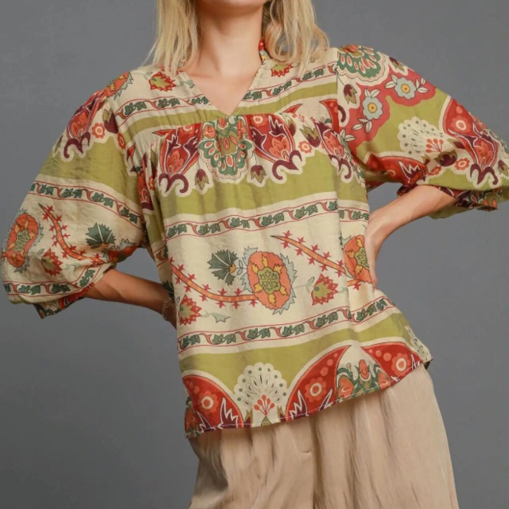 165.Split Neck Print Top